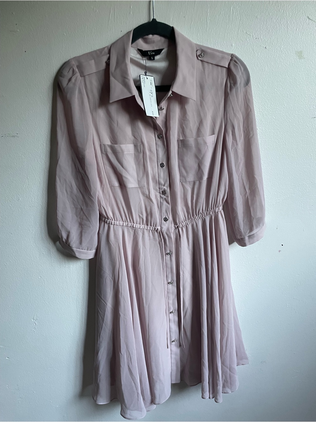 Blush Pink Button-Front Mini Dress With Cinched Waist